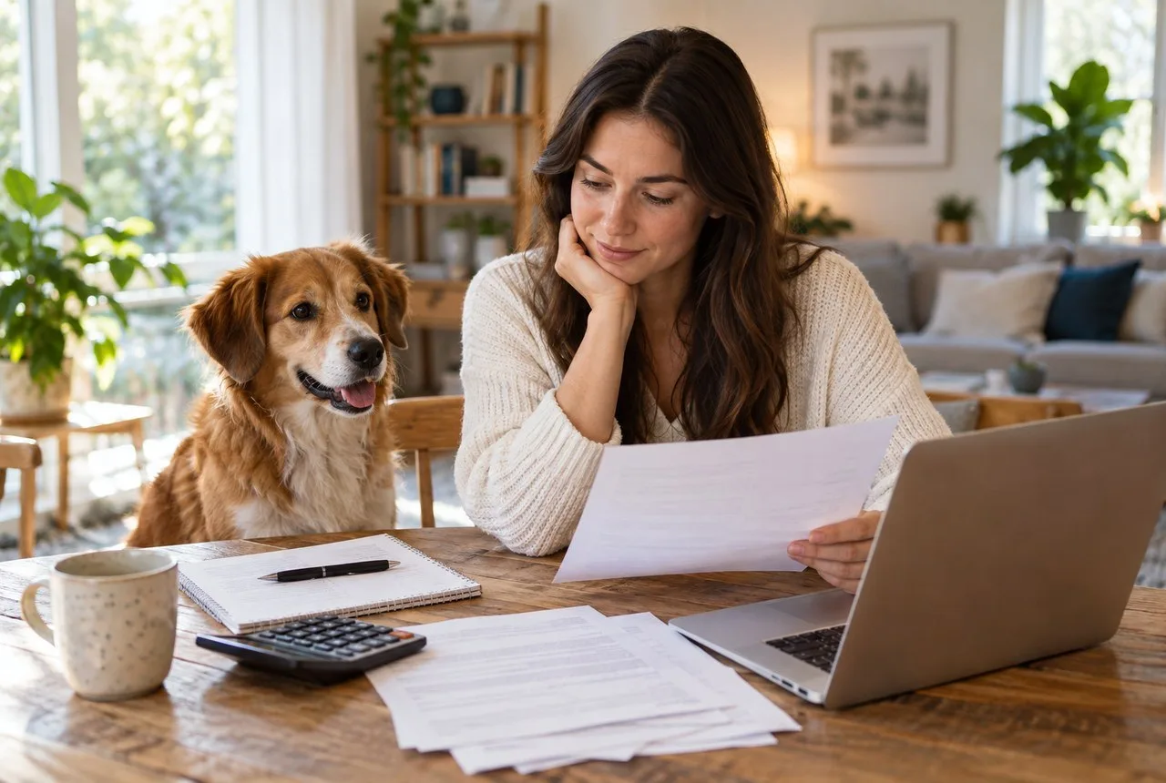 Owner comparing paperwork at a desk beside a dog