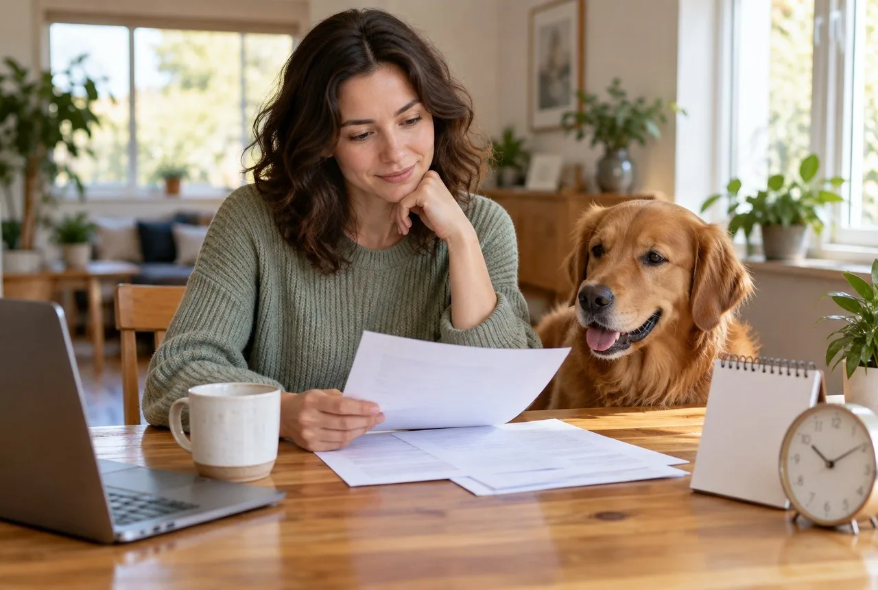 Owner reviewing papers beside a dog, with a clock and calendar on the desk
